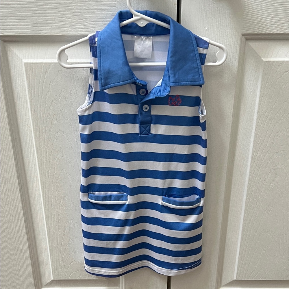 Girls' Blue and White Striped Polo Dress - Sleeveless Casual